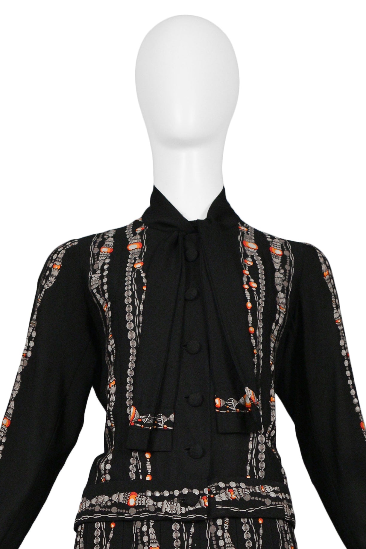 CHANEL BLACK SKIRT SUIT WITH ICONIC BEAD & PEARL NECKLACE PRINT