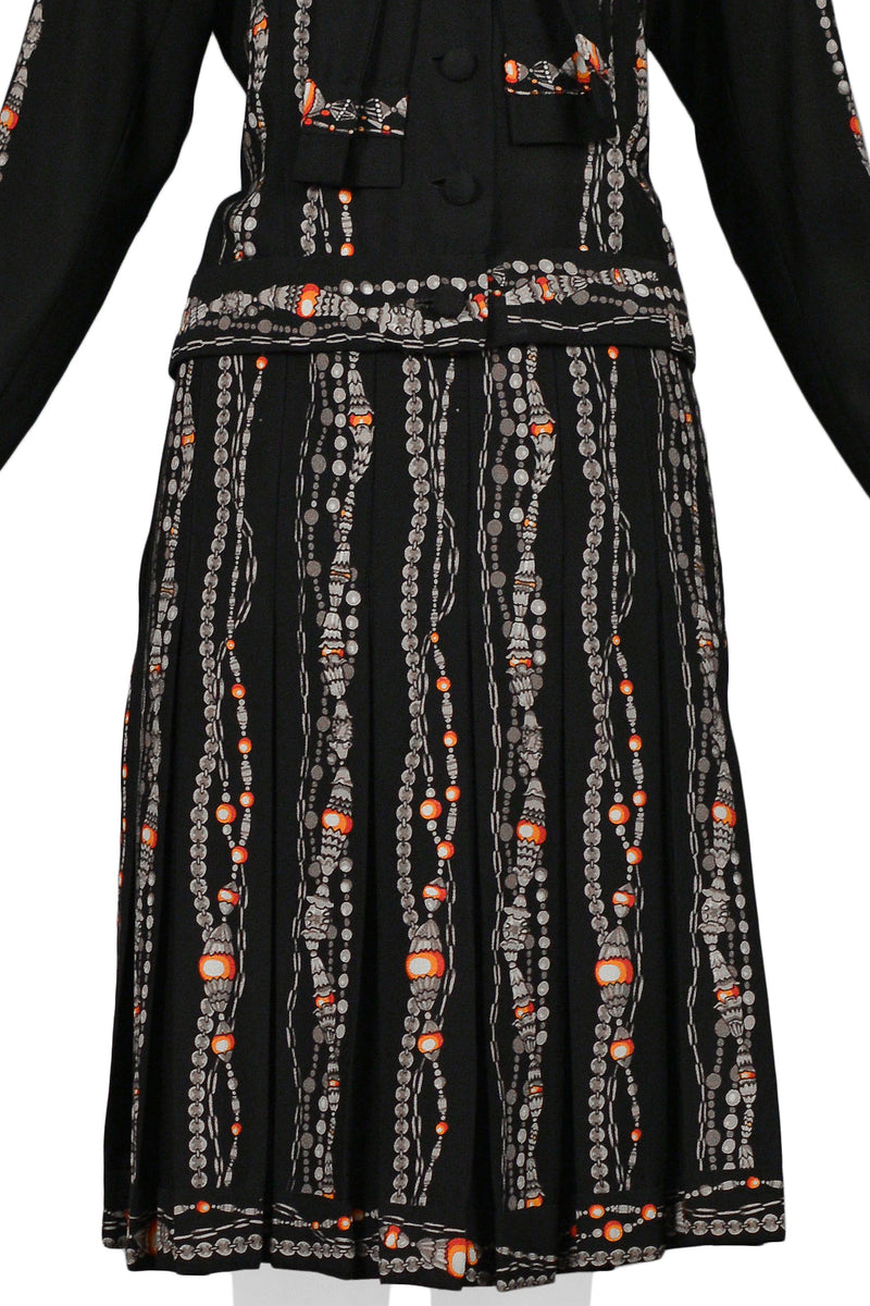 CHANEL BLACK SKIRT SUIT WITH ICONIC BEAD & PEARL NECKLACE PRINT
