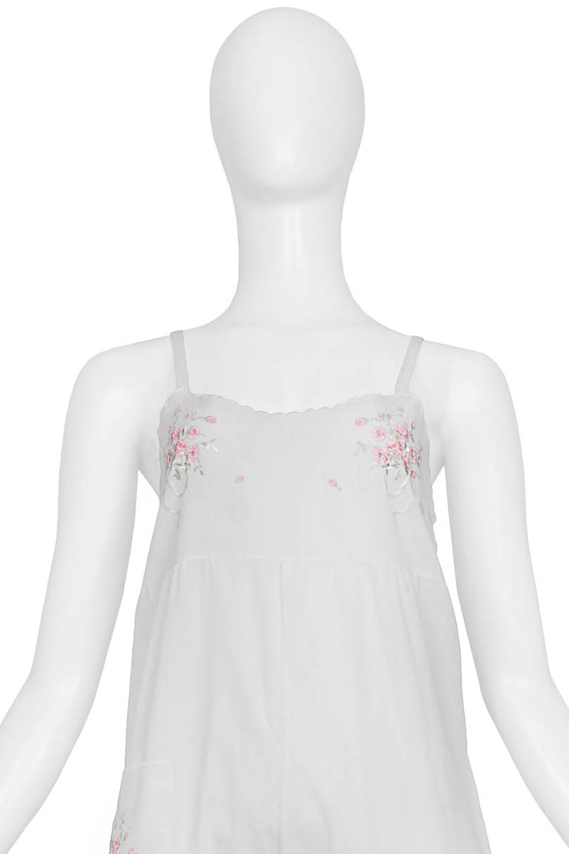 CHANTAL THOMASS WHITE COTTON JUMPSUIT WITH PINK FLORAL EMBROIDERY