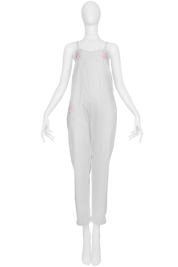 CHANTAL THOMASS WHITE COTTON JUMPSUIT WITH PINK FLORAL EMBROIDERY