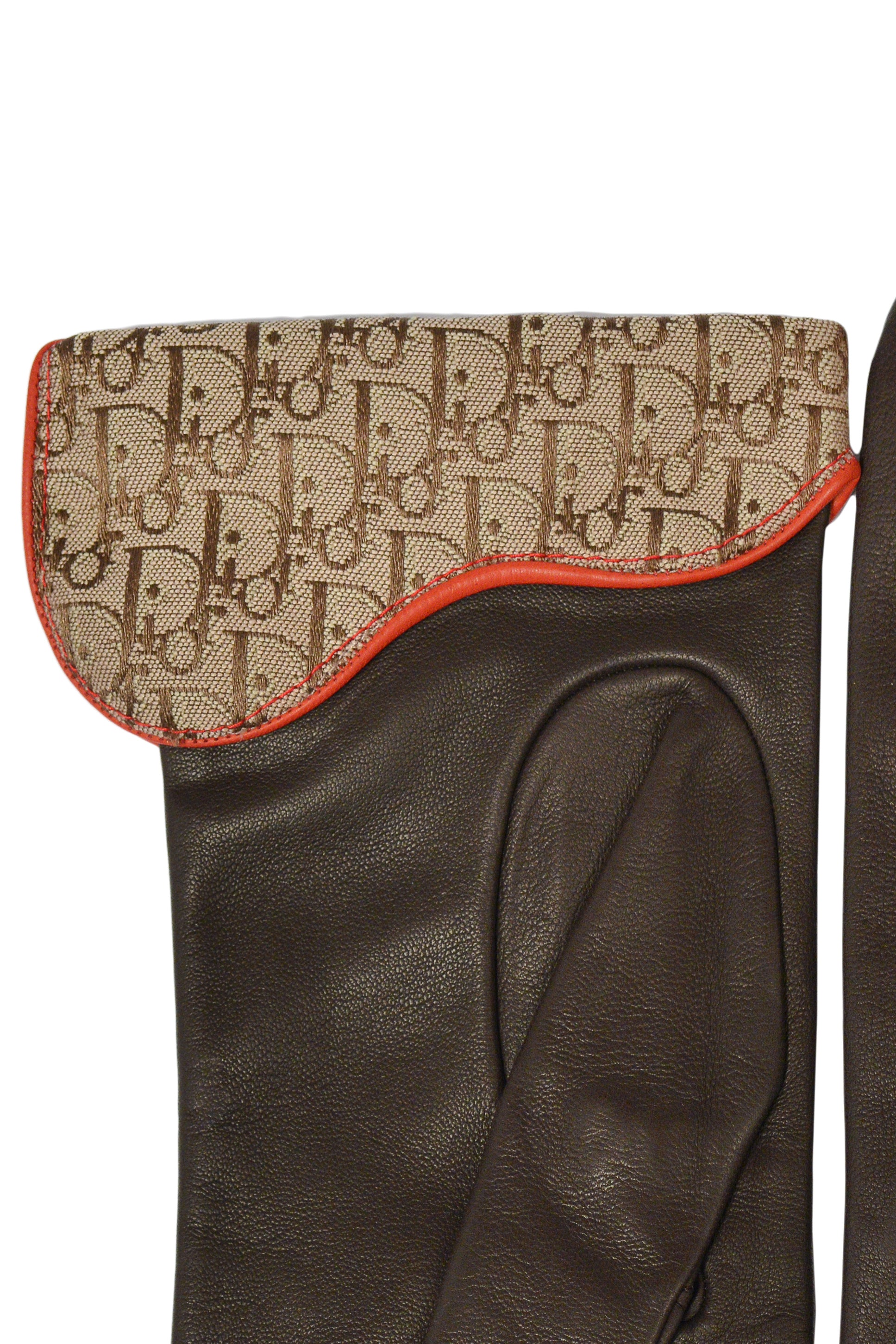 DIOR BROWN LEATHER AND LOGO PRINT "RASTA" GLOVES