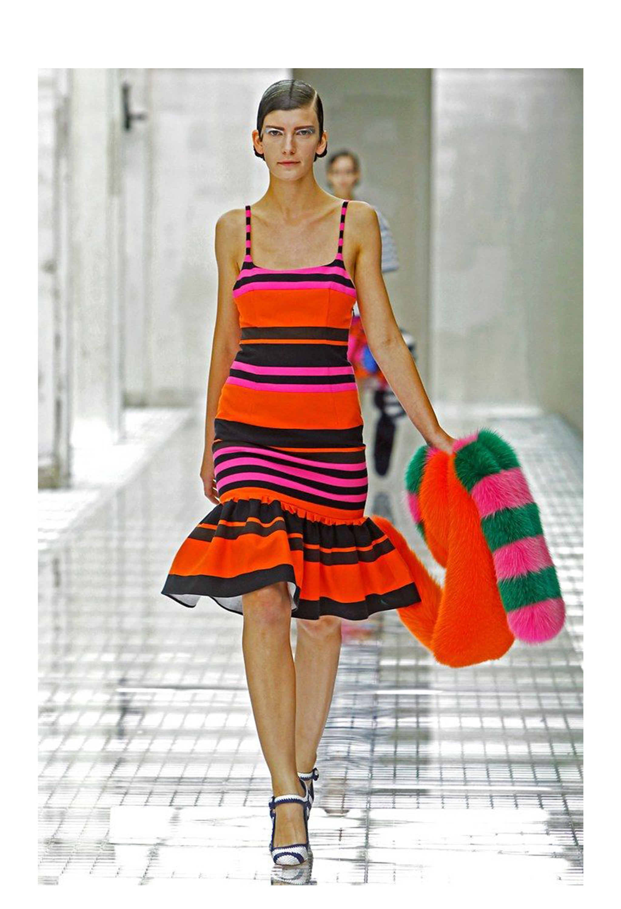 PRADA ORANGE, PINK & BLACK FANCY STRIPE PARTY DRESS 2011