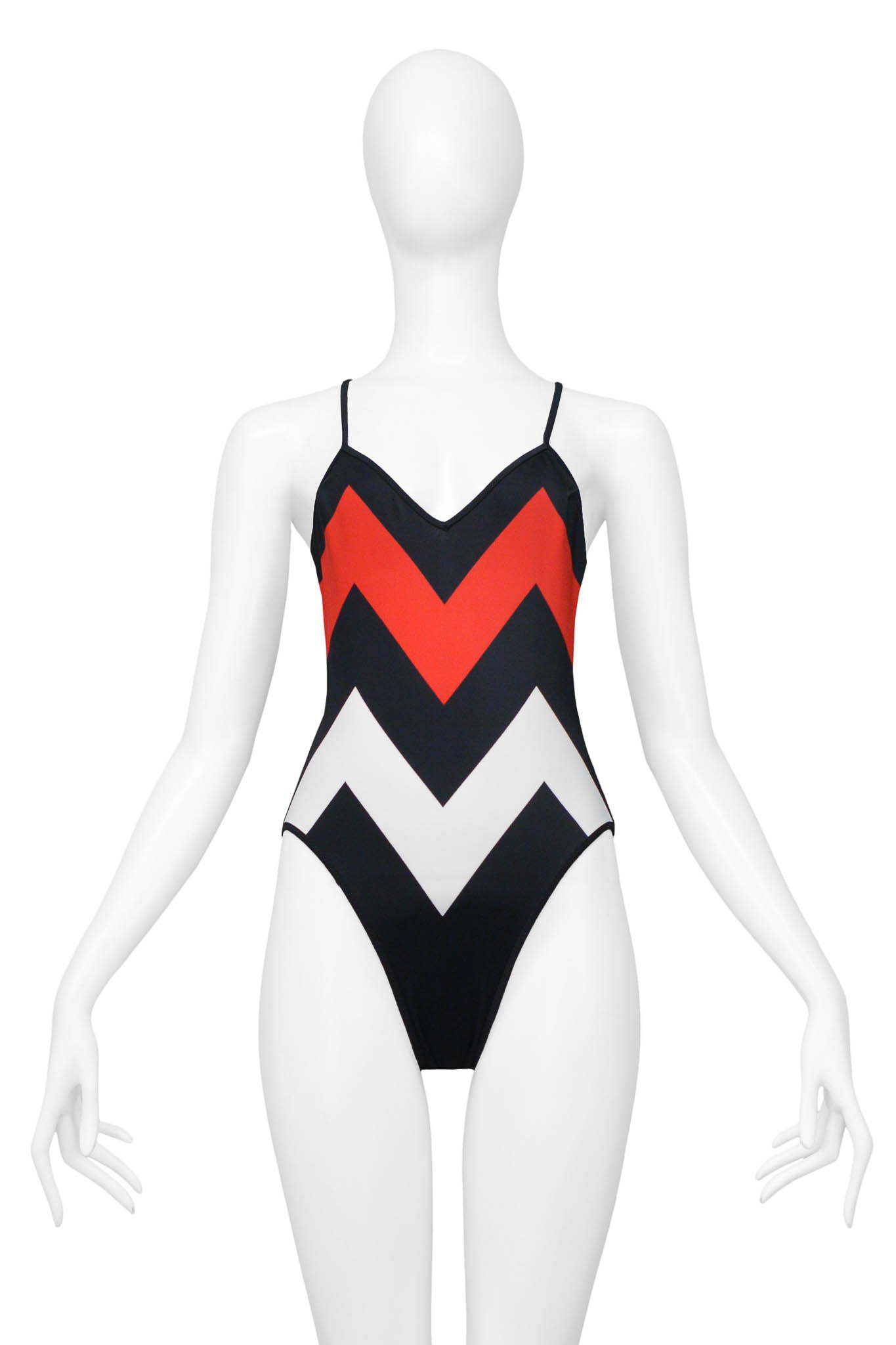 CHRISTIAN DIOR BLACK, RED & WHITE CHEVRON SWIMSUIT 1999