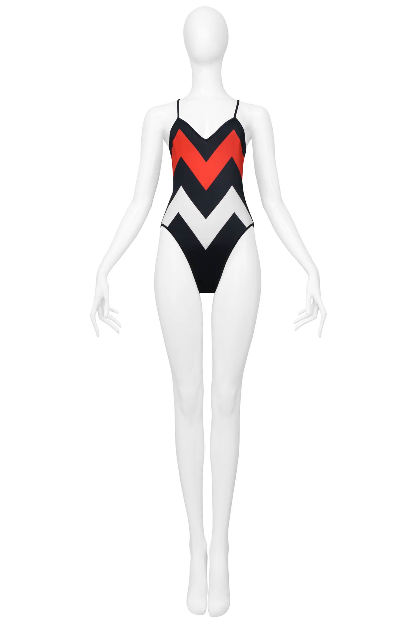 CHRISTIAN DIOR BLACK, RED & WHITE CHEVRON SWIMSUIT 1999