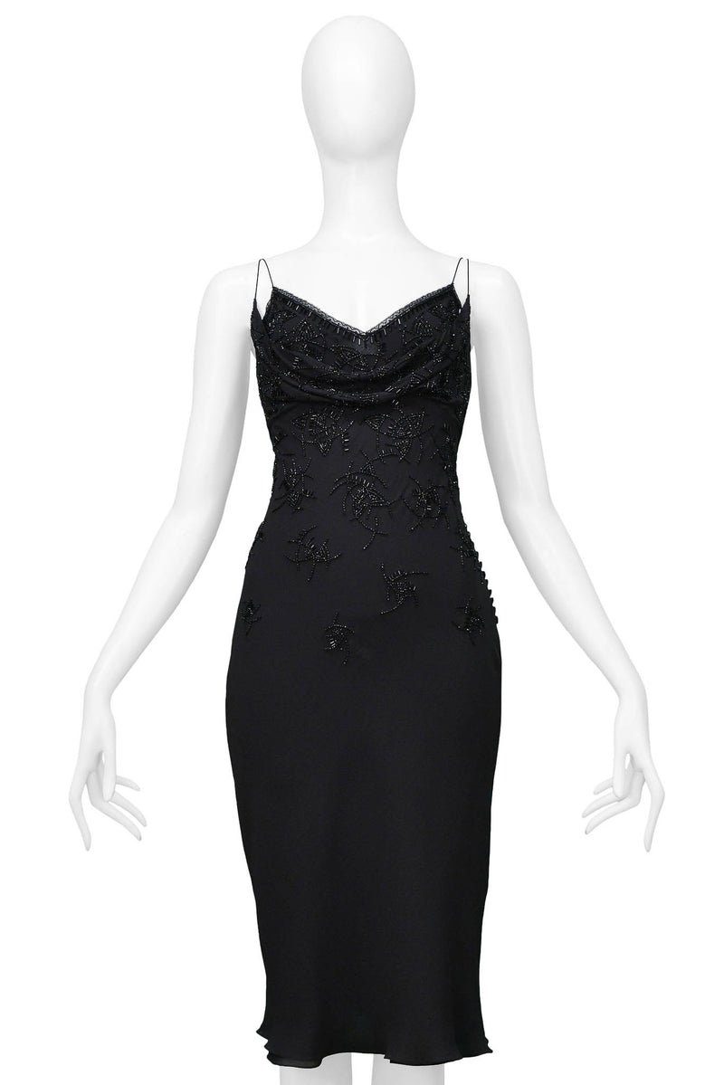 Christian Dior by John Galliano Black Beaded Silk Mid Length Dress