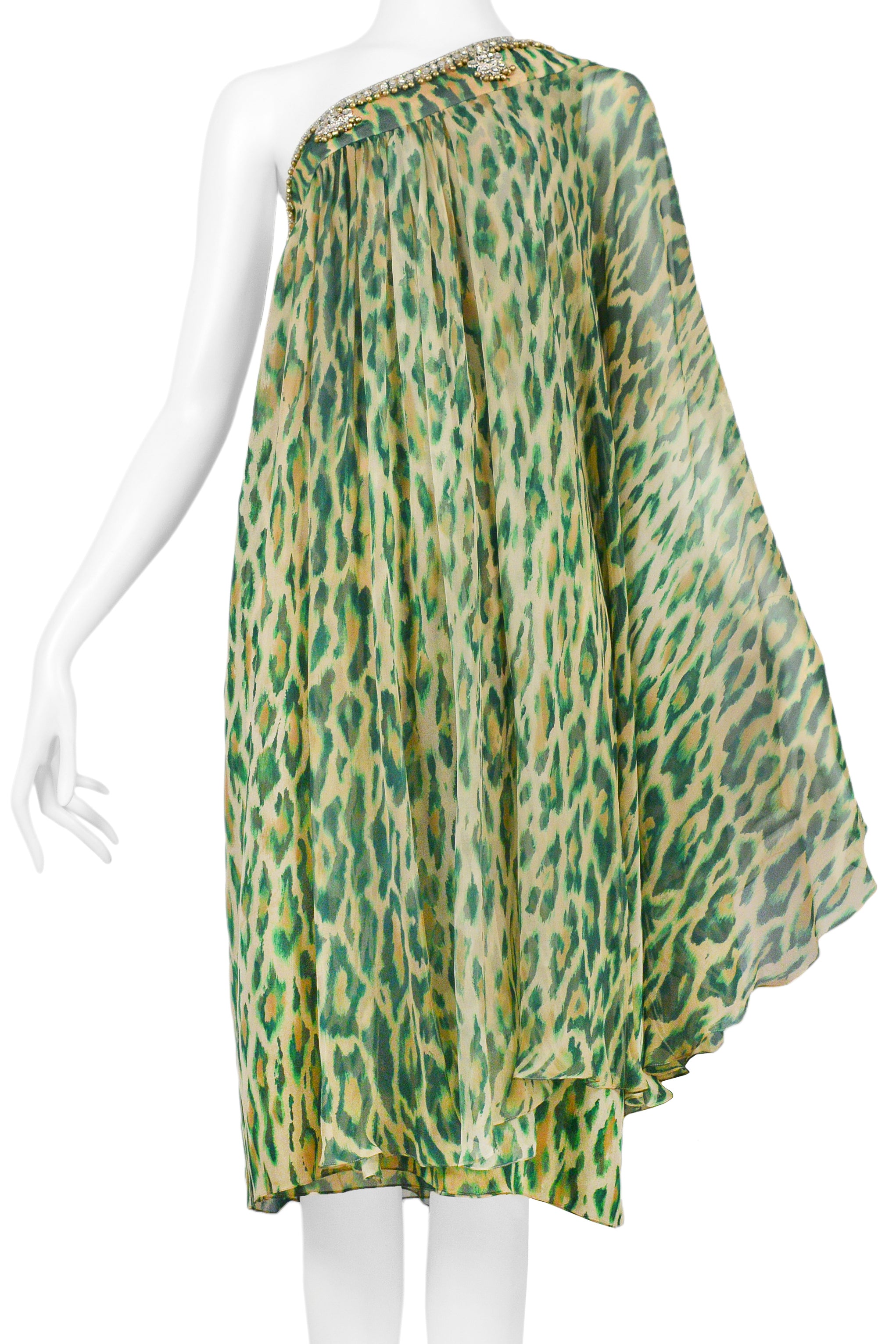 CHRISTIAN DIOR GREEN LEOPARD ONE SHOULDER SARI DRESS 2008