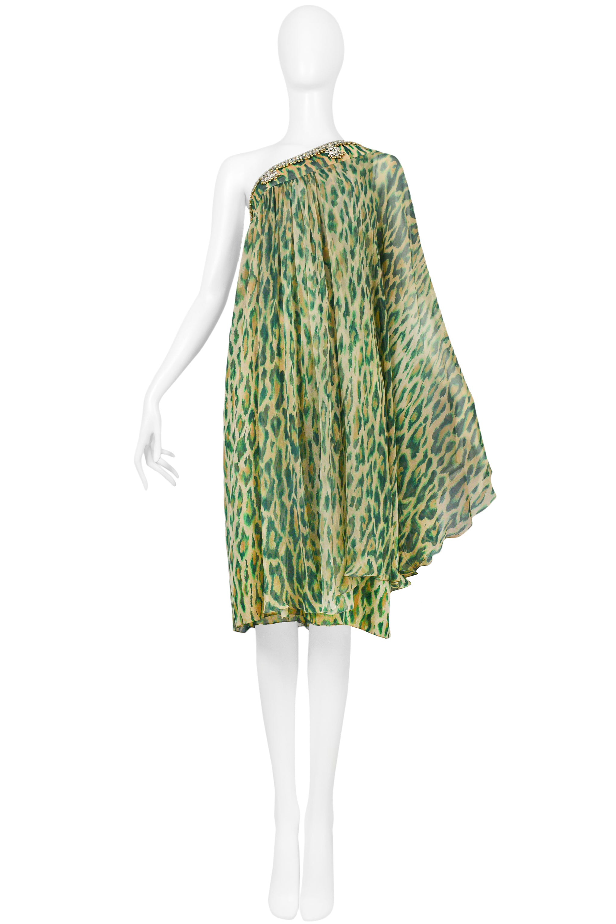 CHRISTIAN DIOR GREEN LEOPARD ONE SHOULDER SARI DRESS 2008