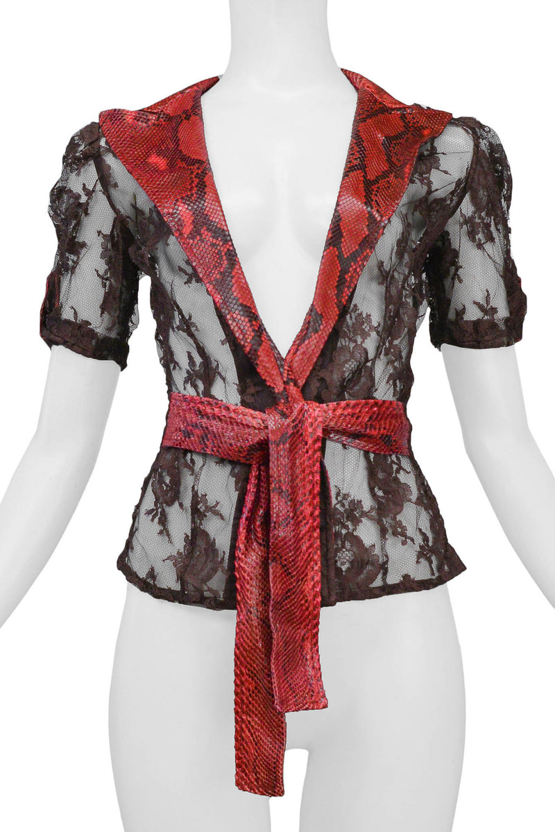 DOLCE & GABBANA BROWN LACE TOP WITH RED PYTHON TRIM 2005