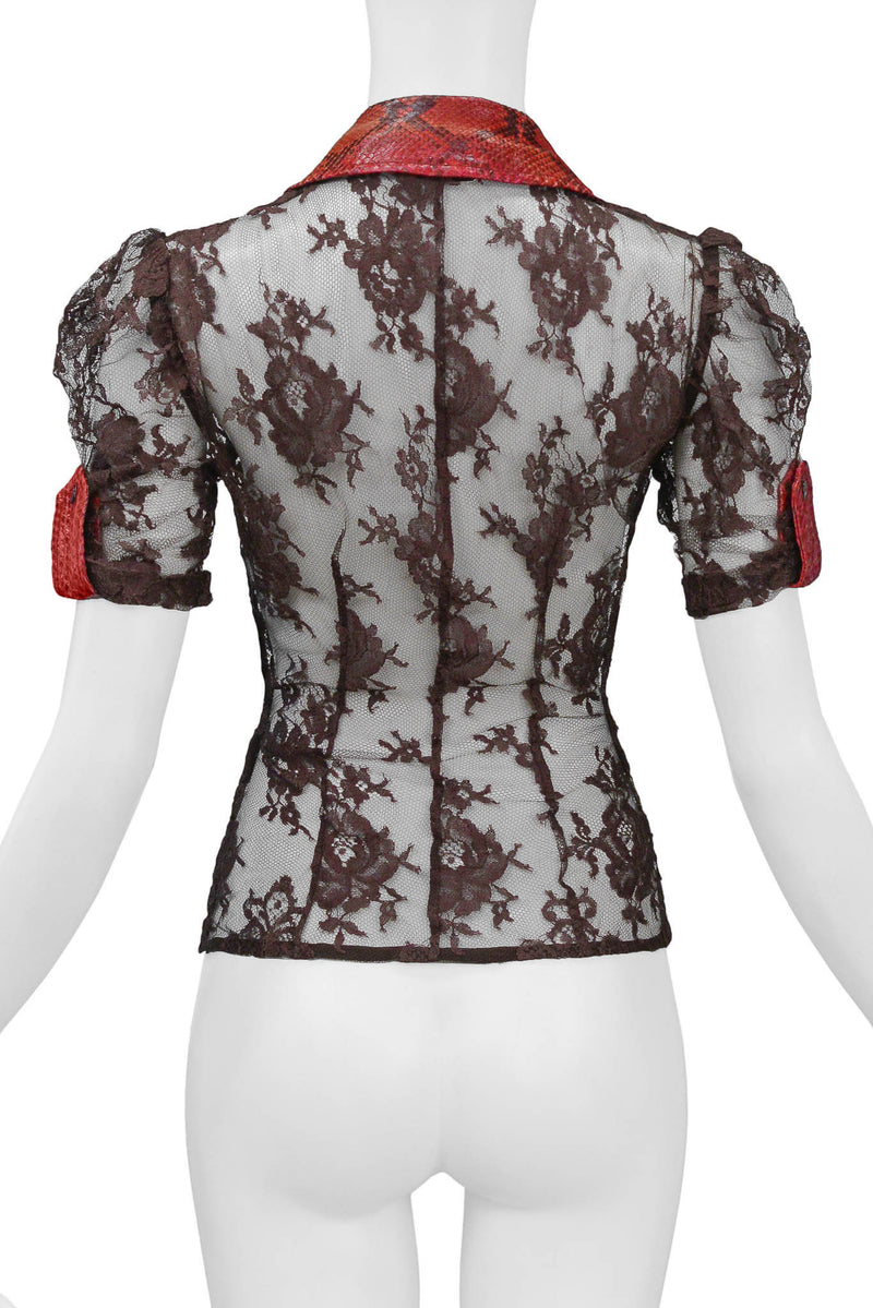 DOLCE & GABBANA BROWN LACE TOP WITH RED PYTHON TRIM 2005