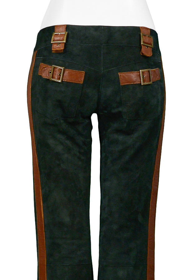 DOLCE GREEN SUEDE & BROWN LEATHER TRIM PANTS