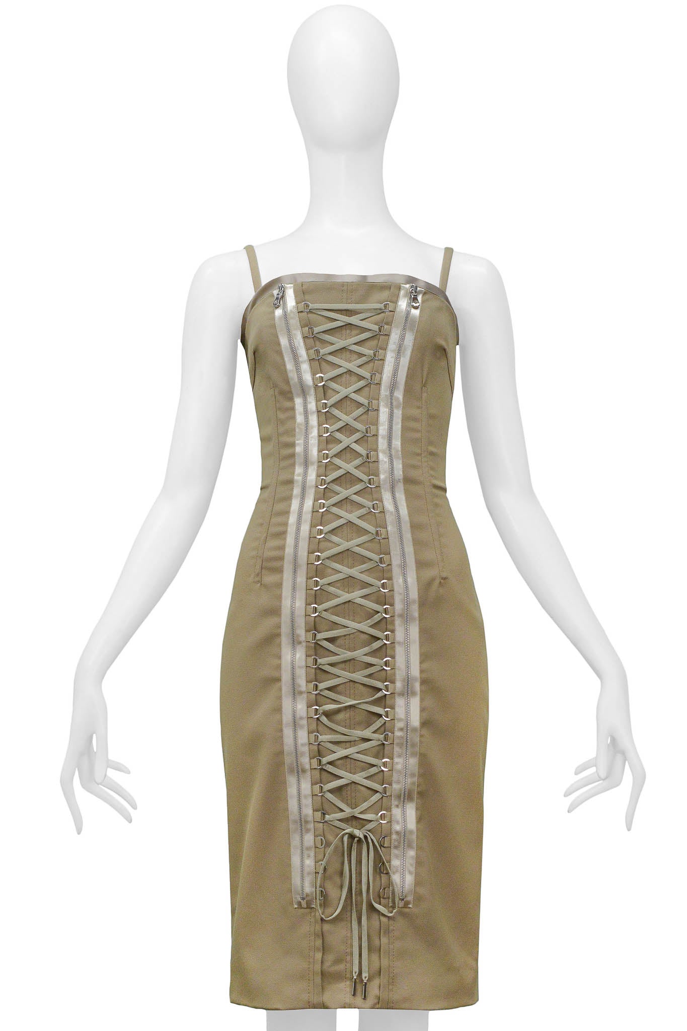 DOLCE & GABBANA KHAKI LACE UP CORSET DRESS WITH REFLECTIVE TRIM