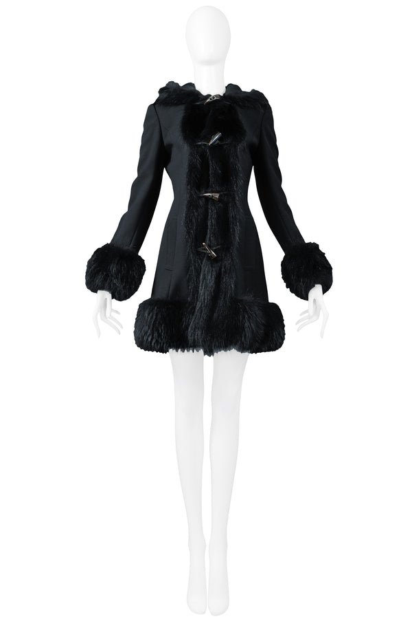 DOLCE BLACK WOOL TOGGLE COAT WITH FUR TRIM HOOD