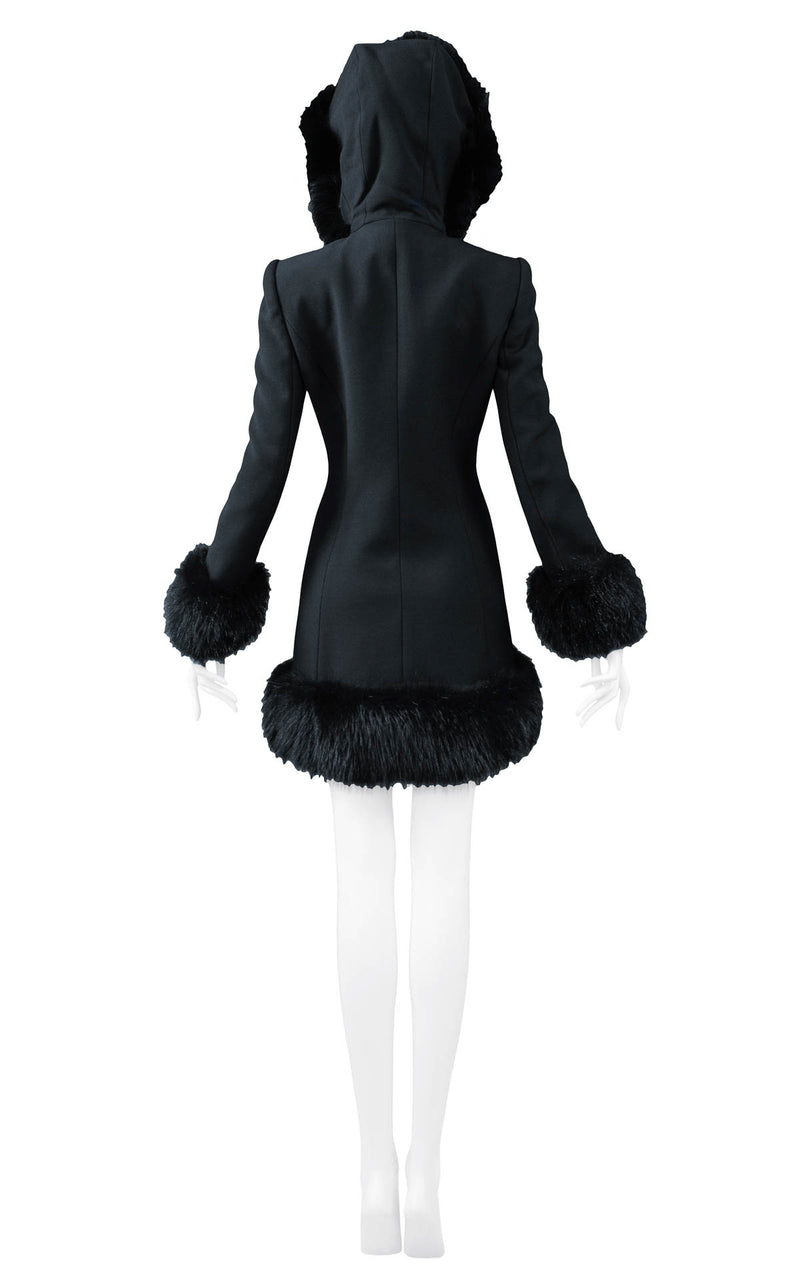 DOLCE BLACK WOOL TOGGLE COAT WITH FUR TRIM HOOD