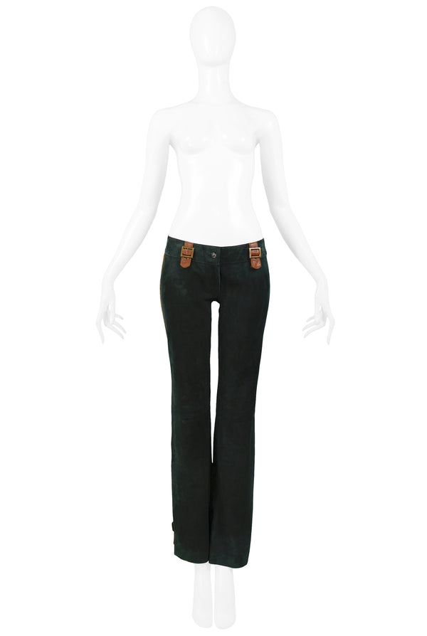 DOLCE GREEN SUEDE & BROWN LEATHER TRIM PANTS