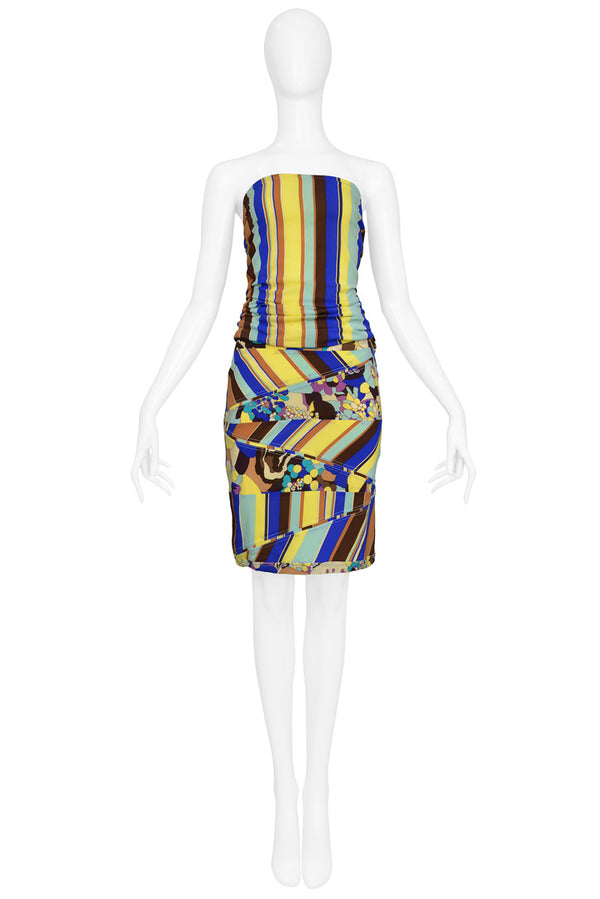 VERSACE FLORAL AND STRIPES STRAPLESS BUSTIER AND SKIRT ENSEMBLE