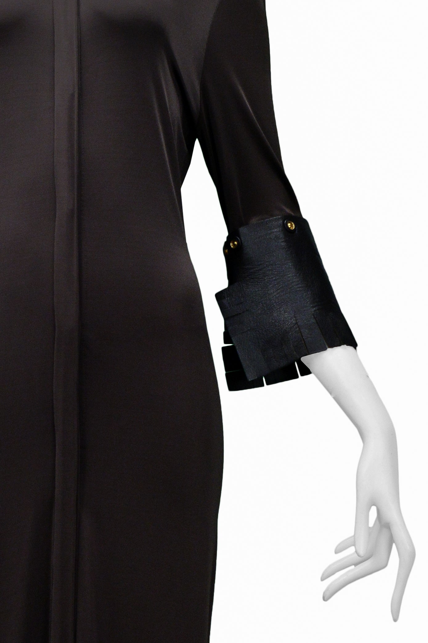 GIANFRANCO FERRE BROWN JERSEY DRESS WITH LEATHER CUFFS