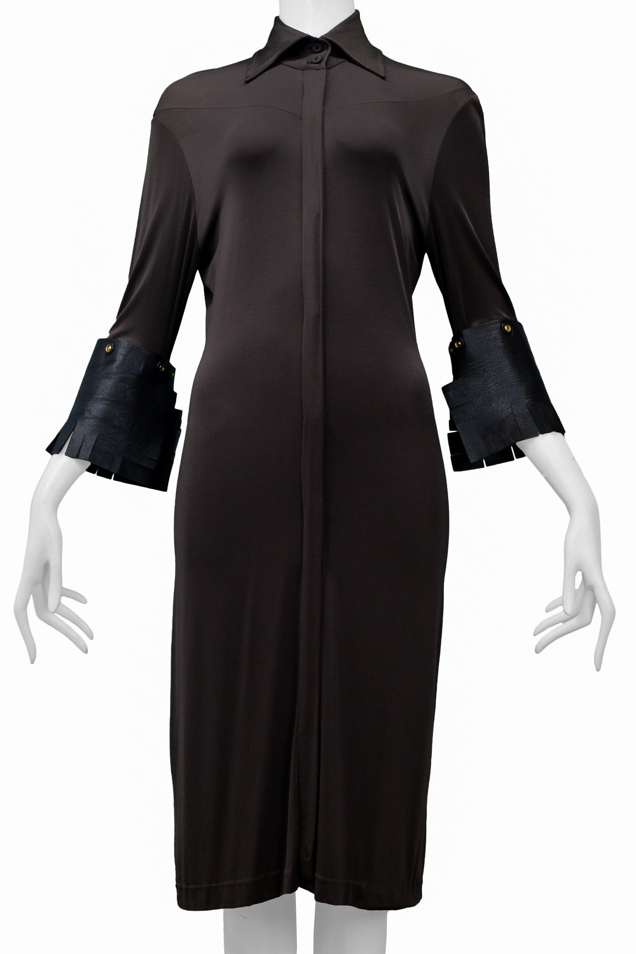 GIANFRANCO FERRE BROWN JERSEY DRESS WITH LEATHER CUFFS