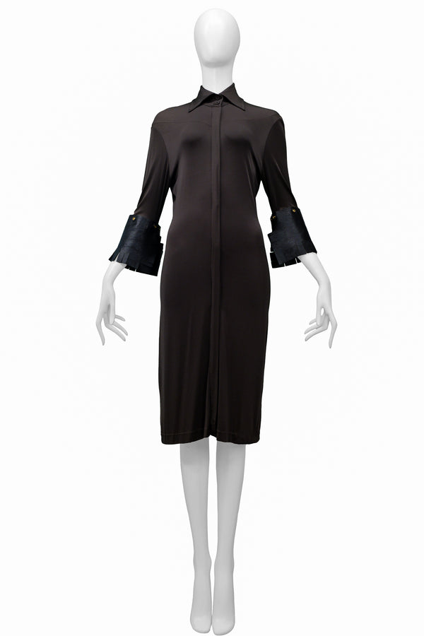 GIANFRANCO FERRE BROWN JERSEY DRESS WITH LEATHER CUFFS