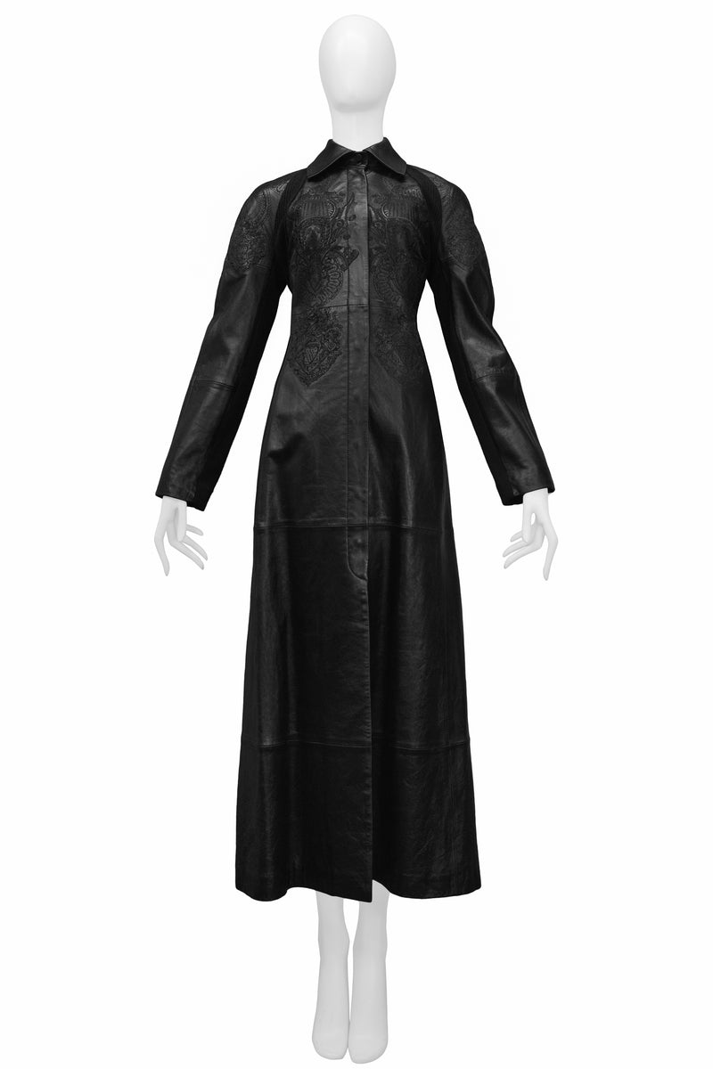 GIANFRANCO FERRE LONG BLACK LEATHER MAXI COAT WITH FANCY EMBROIDERY