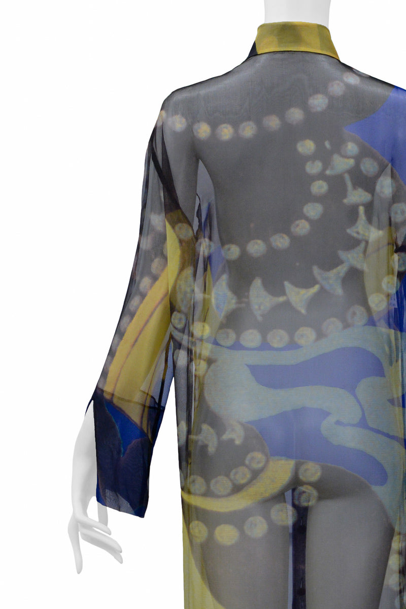GIANFRANCO FERRE NAVY & GOLD CHIFFON CAFTAN SHIRT DRESS