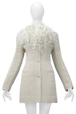 GIANFRANCO FERRE OFF-WHITE QUILTED EVENING COAT WITH SILVER FLECKS AND FEATHERS
