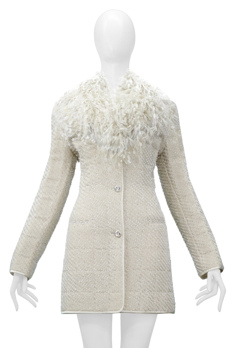 GIANFRANCO FERRE OFF-WHITE QUILTED EVENING COAT WITH SILVER FLECKS AND FEATHERS