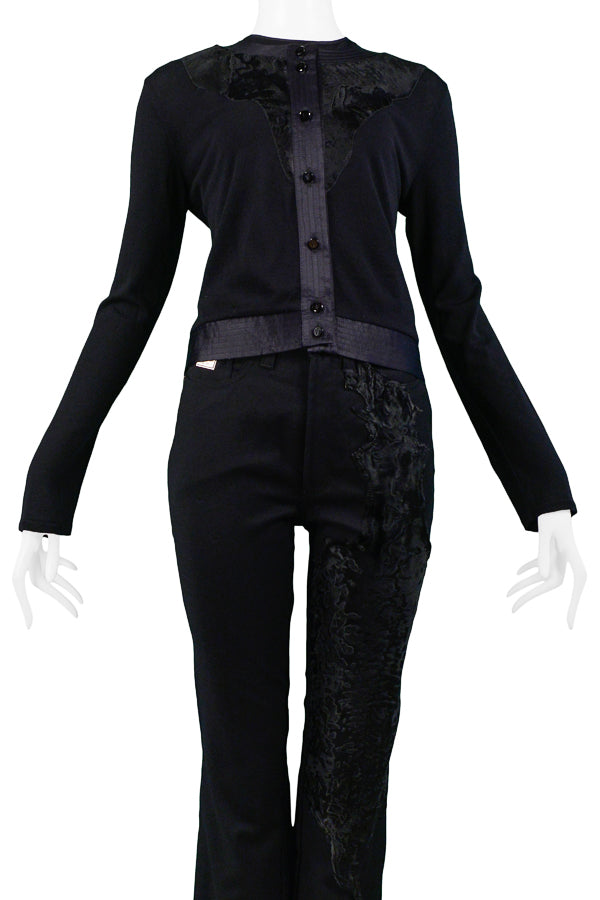 GIANFRANCO FERRE BLACK FUR TEXTURED TWIN SET WITH PANTS