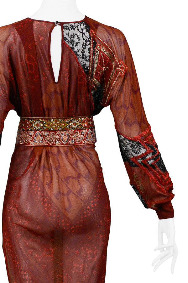 GIANFRANCO FERRE BURGUNDY PRINTED TUNIC & EMBROIDERED BELT