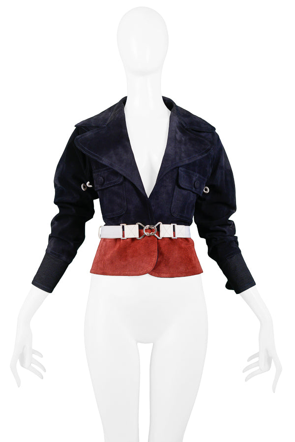 GIANFRANCO FERRE NAVY & BURGUNDY SUEDE BELTED JACKET