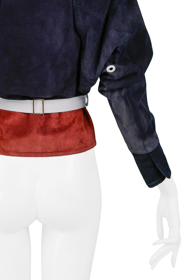 GIANFRANCO FERRE NAVY & BURGUNDY SUEDE BELTED JACKET