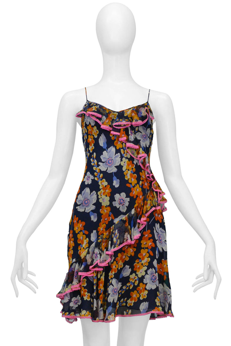 JOHN GALLIANO NAVY SLIP DRESS WITH FLORAL PATTERN & PINK LACE TRIM