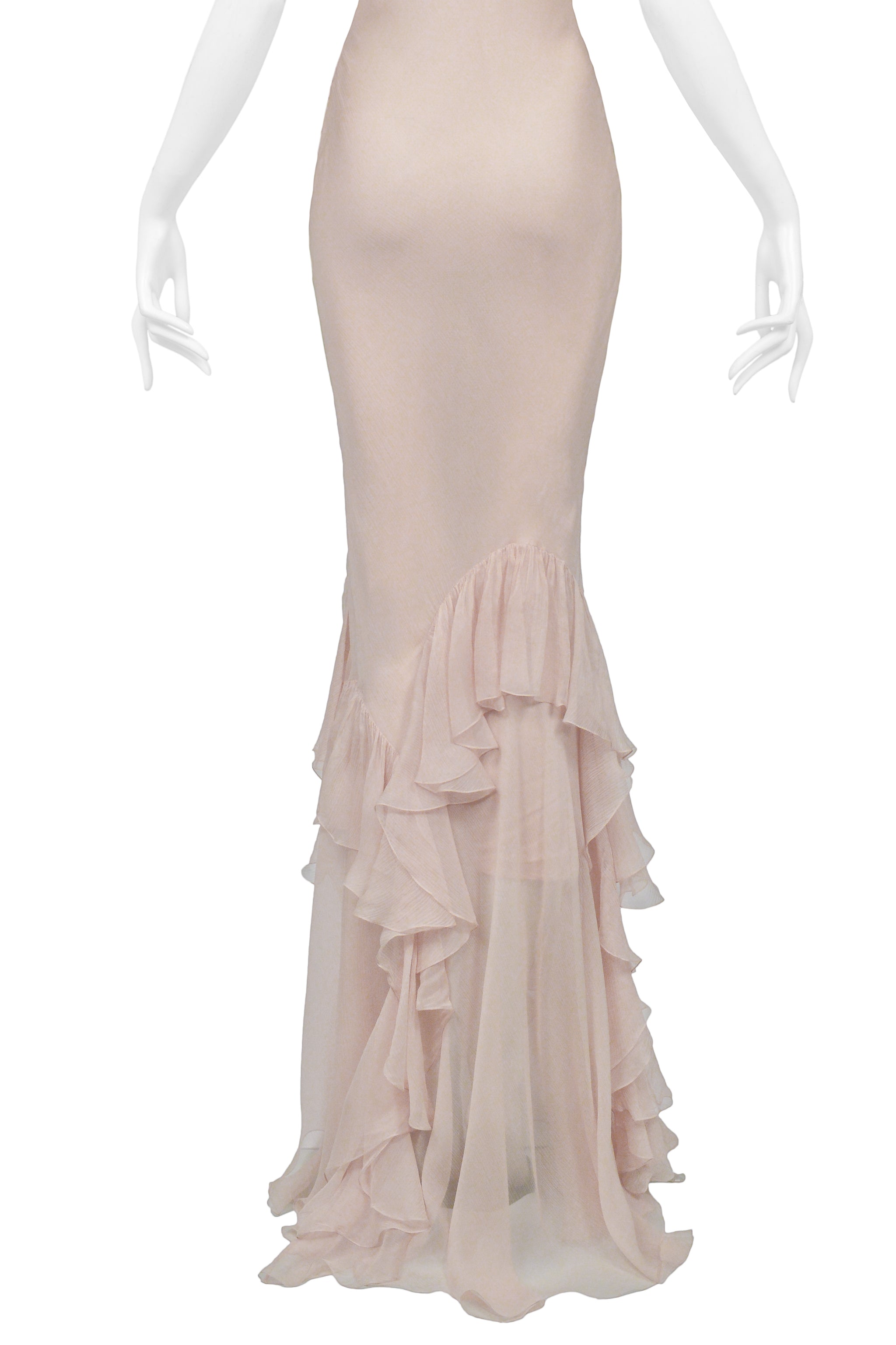 JOHN GALLIANO PINK BLUSH CHIFFON EVENING GOWN WITH RUFFLES