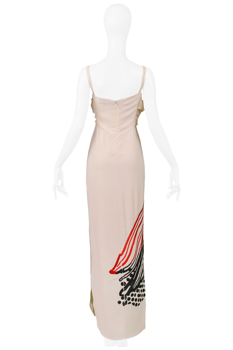 JOHN GALLIANO CREAM GOWN WITH BLACK & RED SEQUINS 2007