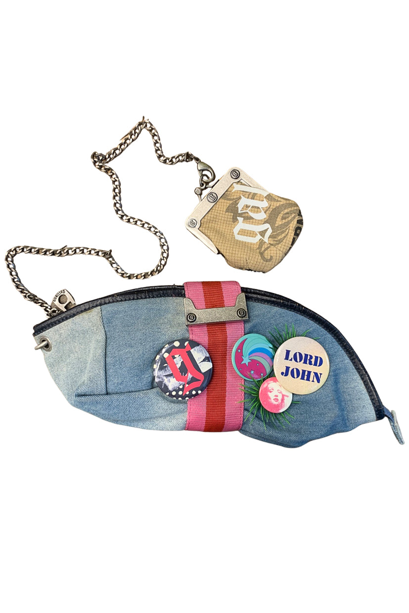 JOHN GALLIANO DENIM CLUTCH WITH DETACHABLE CHAIN AND COIN PURSE