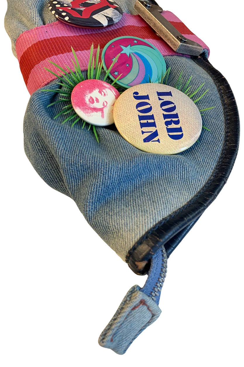 JOHN GALLIANO DENIM CLUTCH WITH DETACHABLE CHAIN AND COIN PURSE