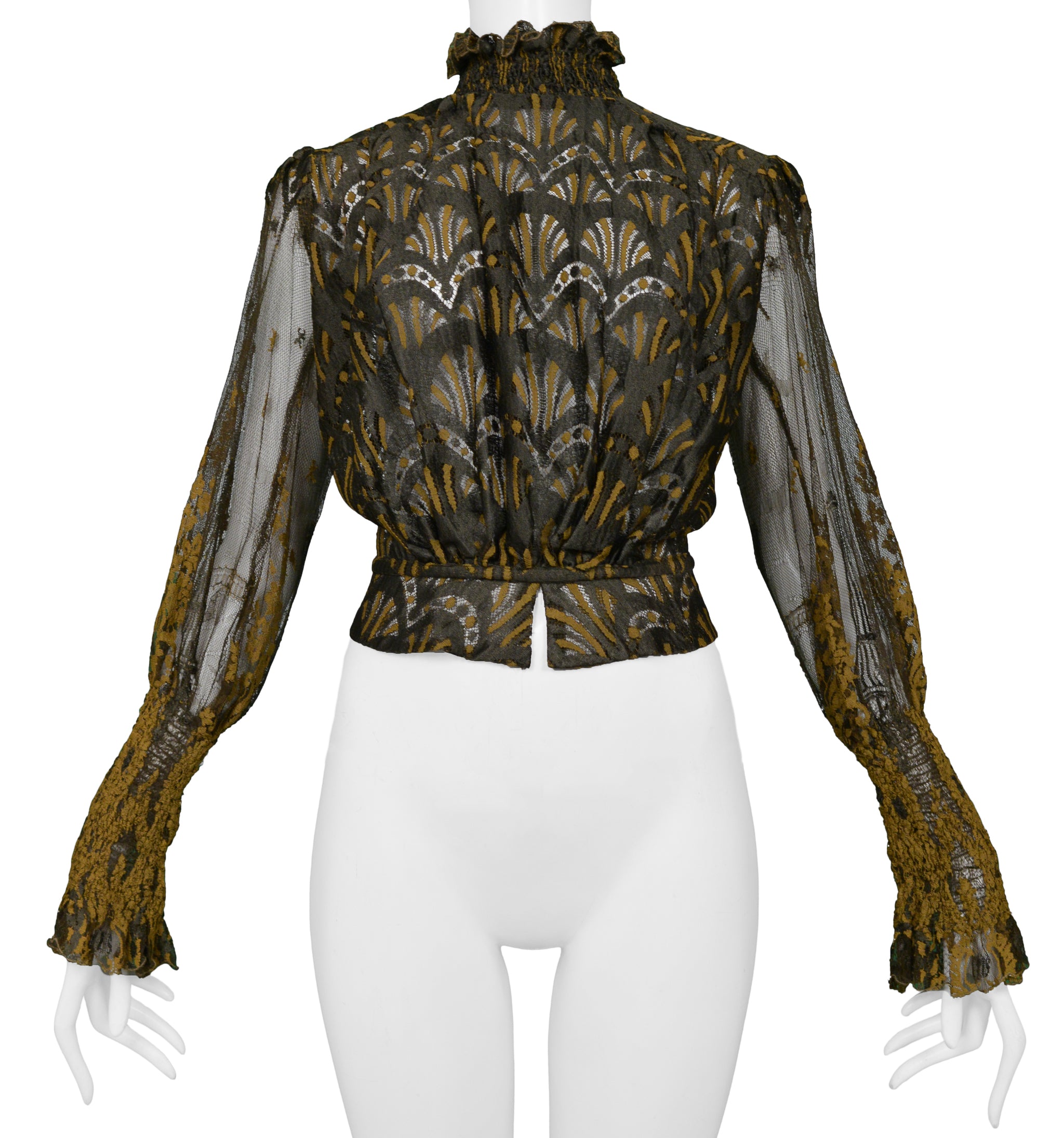 JEAN PAUL GAULTIER SS 1995 BROWN LACE BLOUSE W PUFF SLEEVES