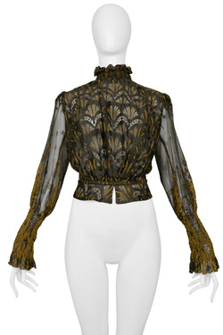 JEAN PAUL GAULTIER SS 1995 BROWN LACE BLOUSE W PUFF SLEEVES