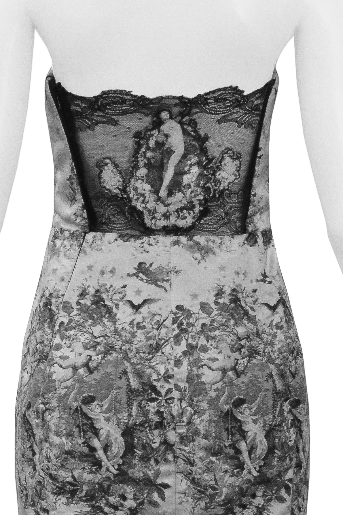 GAULTIER WHITE & BLACK TAPESTRY PRINT STRAPLESS DRESS