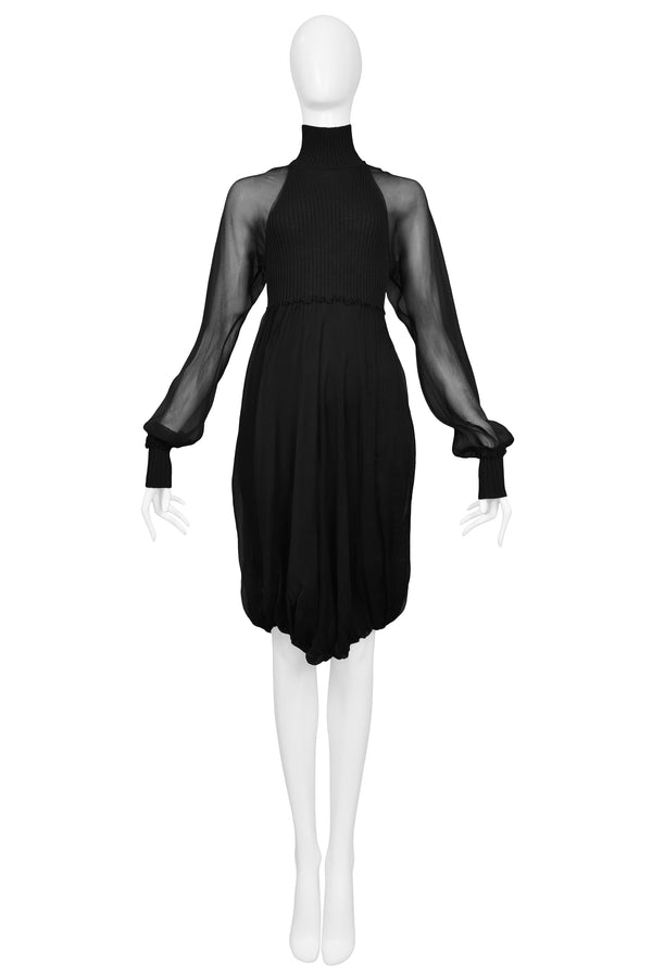 GAULTIER BLACK KNIT ILLUSION DRESS WITH CHIFFON OVERLAY & SLEEVES