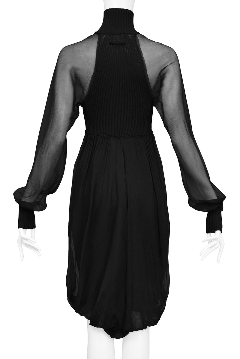GAULTIER BLACK KNIT ILLUSION DRESS WITH CHIFFON OVERLAY & SLEEVES