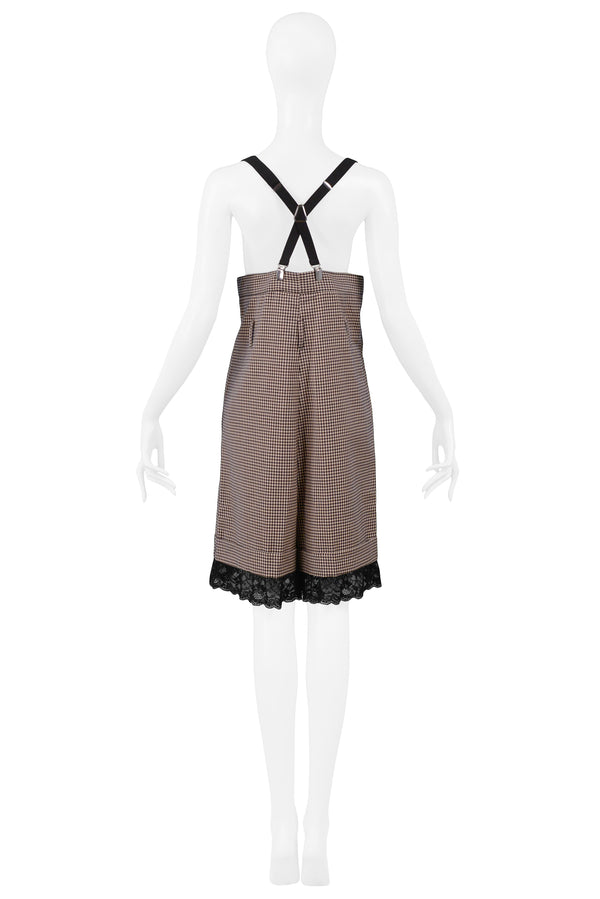 GAULTIER BROWN CHECK HIGH WAISTED SUSPENDER SHORTS