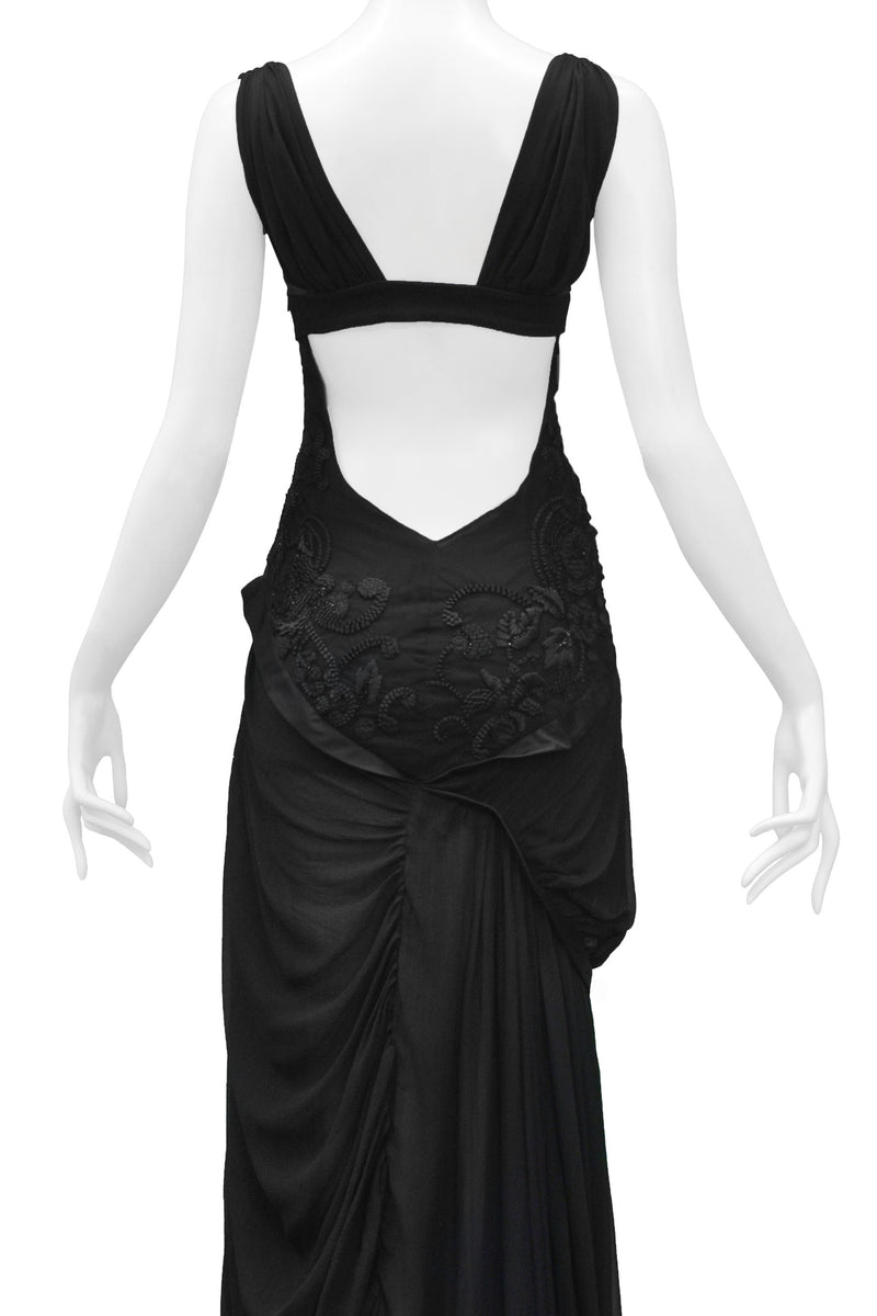 GUCCI BLACK FLORAL EMBROIDERED CUTOUT GOWN 2005