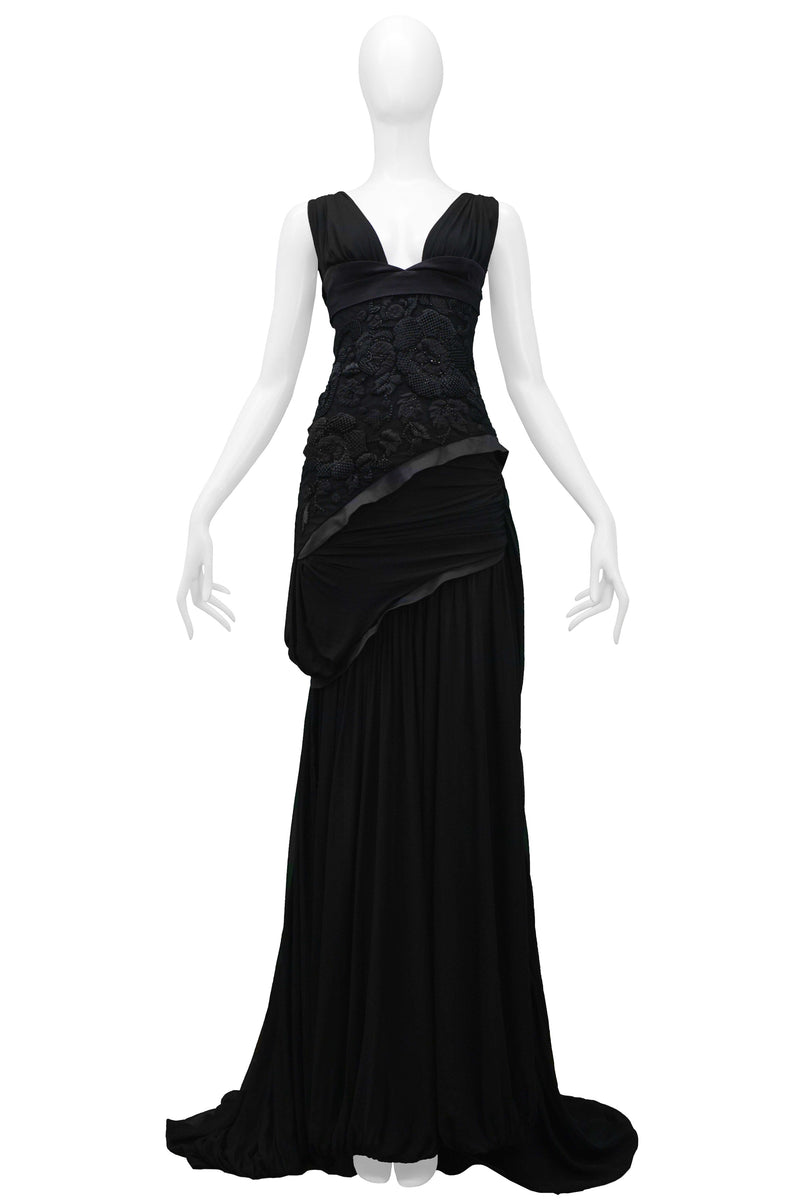 GUCCI BLACK FLORAL EMBROIDERED CUTOUT GOWN 2005