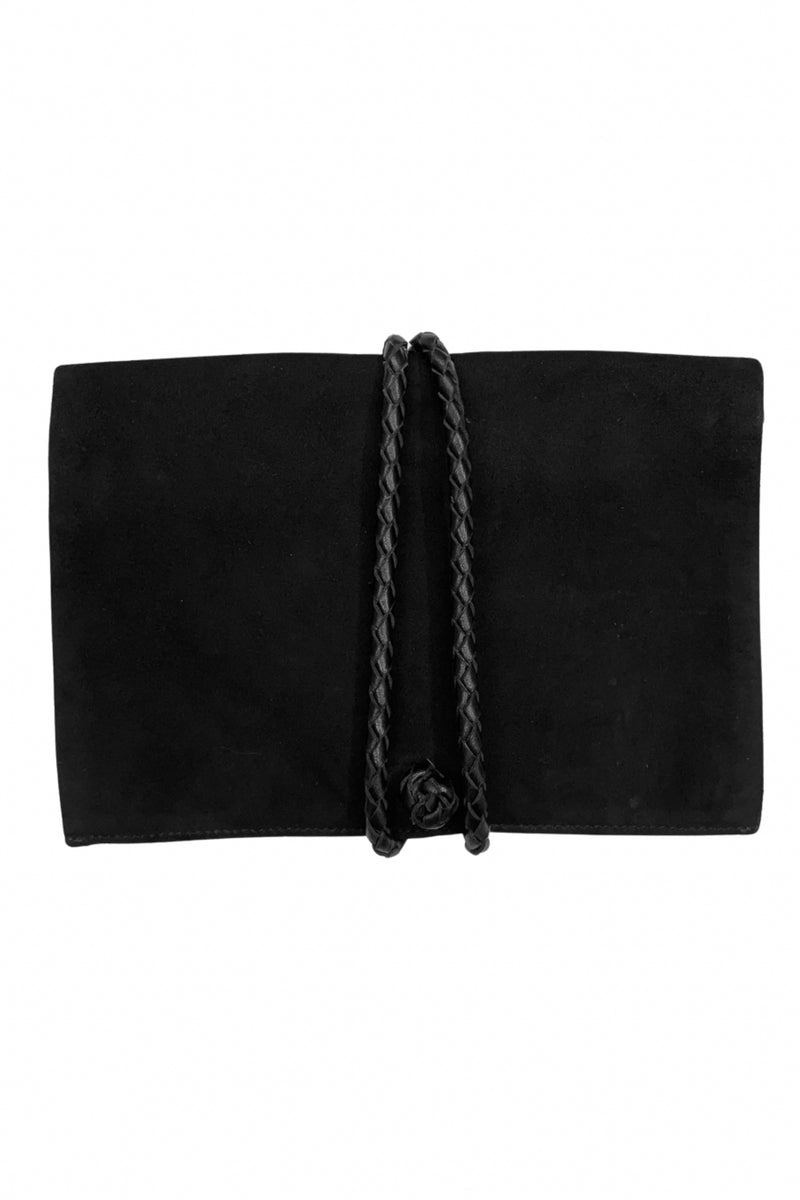HELMUT LANG BLACK SUEDE FOLD OVER CLUTCH BAG WITH ZIPPER & BRAIDED LEATHER STRAP 2005