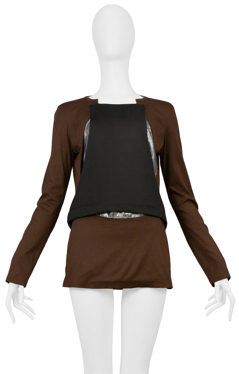 HELMUT LANG BROWN BLACK & SILVER INSET TUNIC