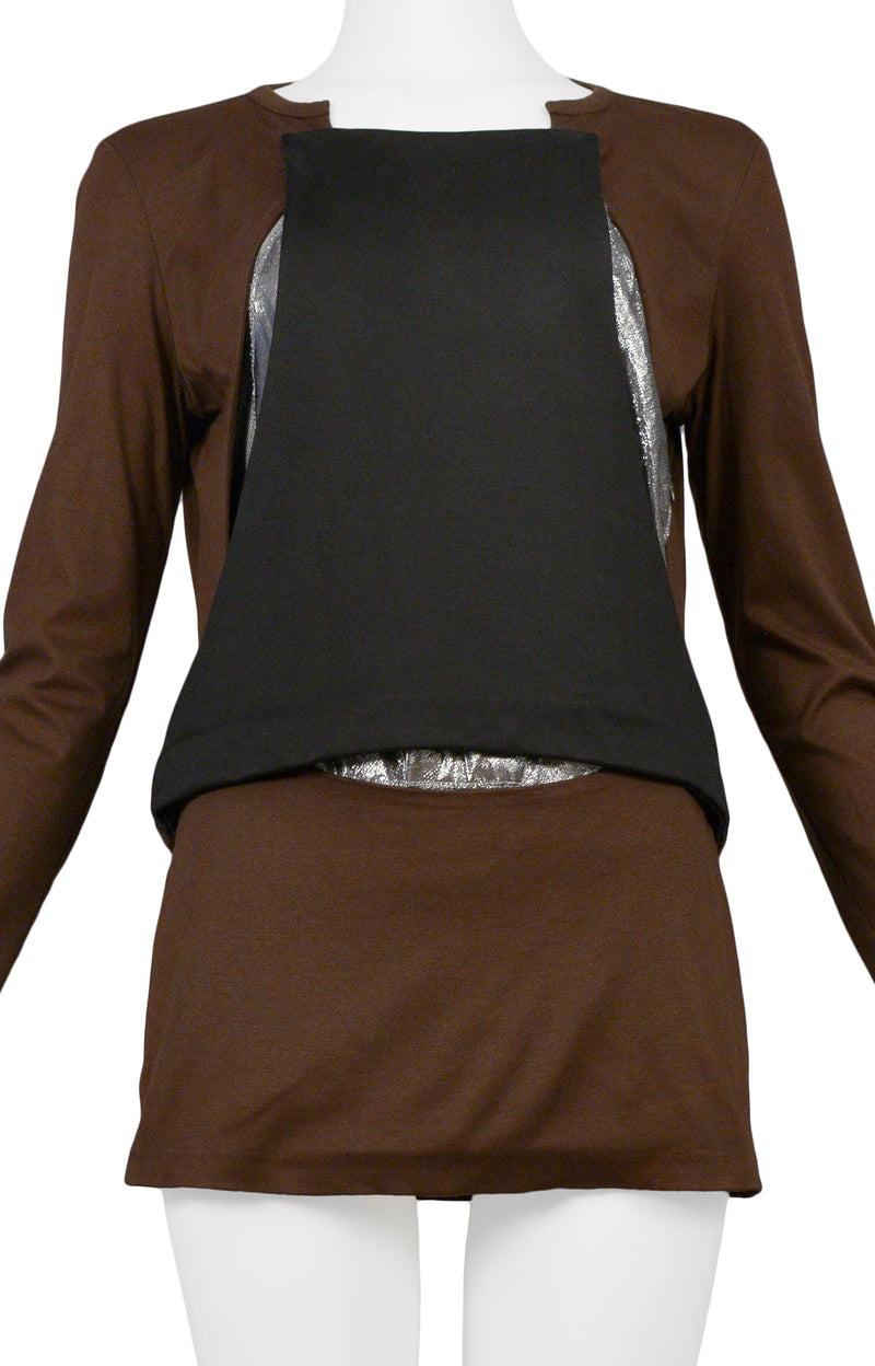 HELMUT LANG BROWN BLACK & SILVER INSET TUNIC