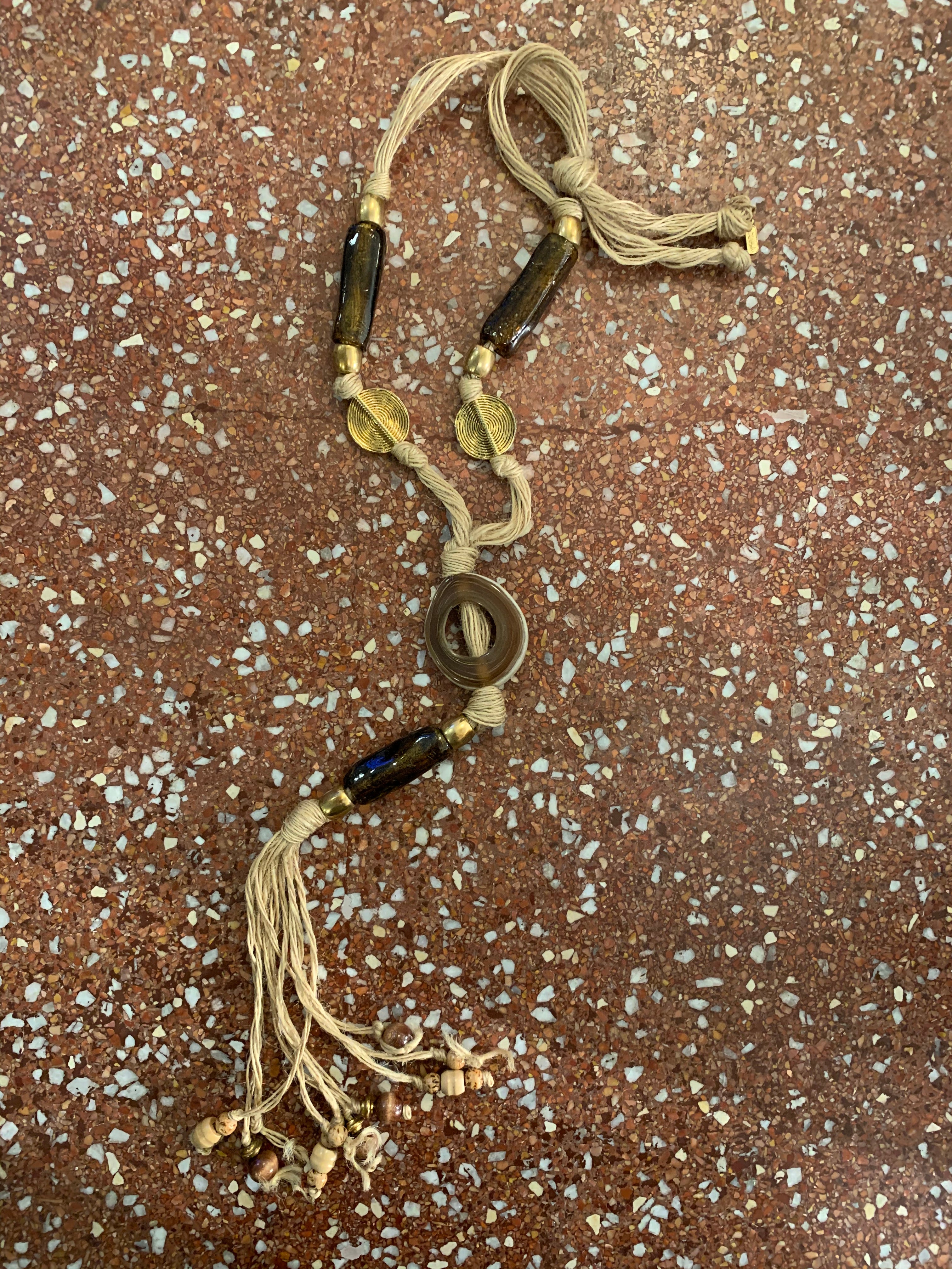 YVES SAINT LAURENT YSL WOOD BEAD &amp; CORD NECKLACE