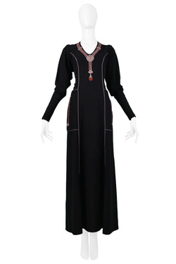 JANICE WAINWRIGHT BLACK EMBROIDERED ART DECO MAXI GOWN