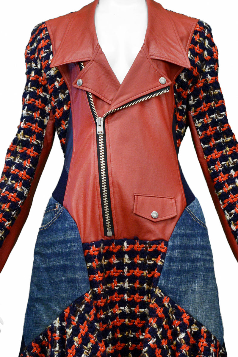 JUNYA WATANABE RED LEATHER MOTO JACKET WITH DENIM & BOUCLE INSETS 2013
