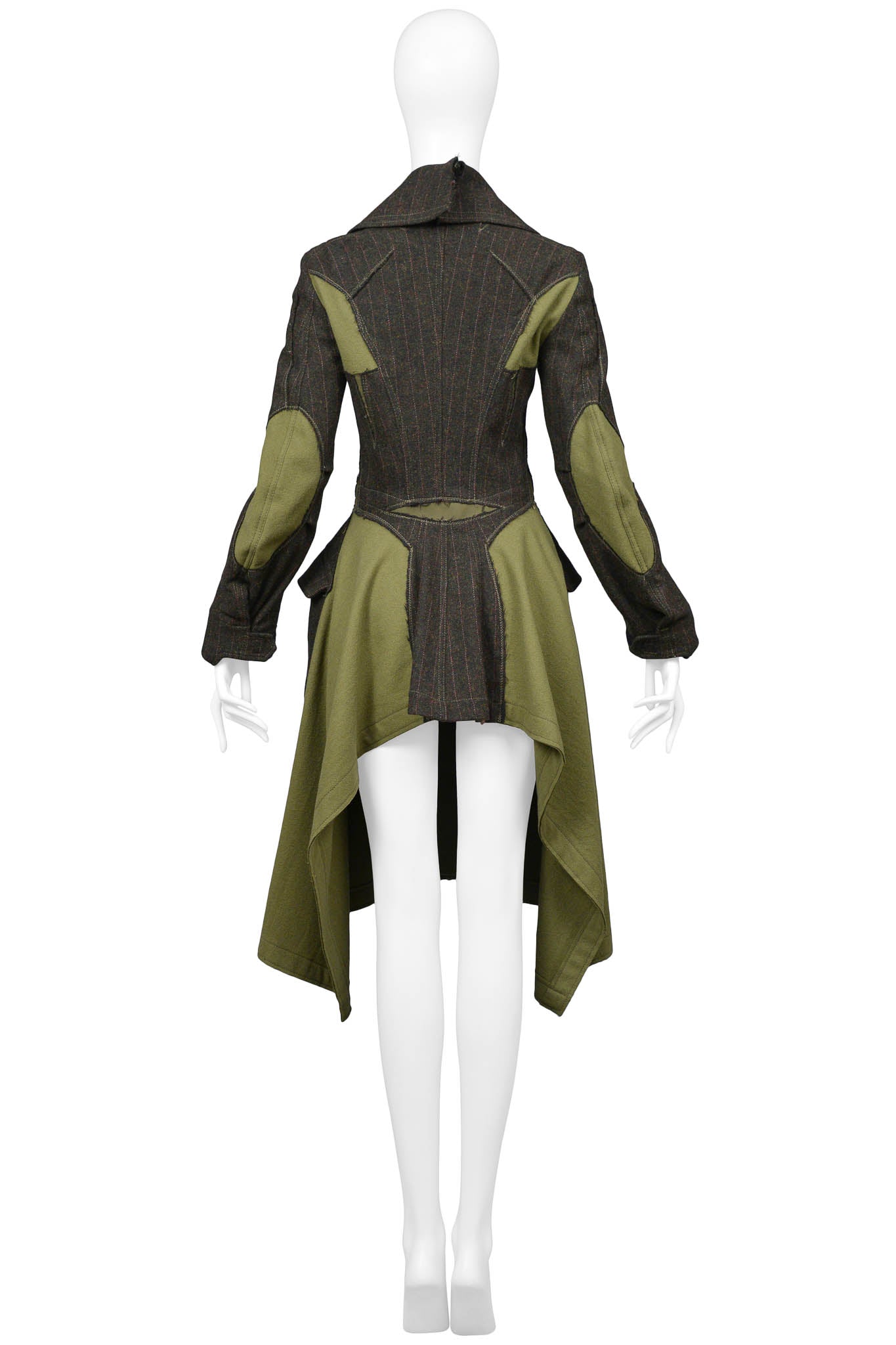 JUNYA WATANABE DARK GREEN WOOL PIN STRIPE COAT WITH CARGO INSETS